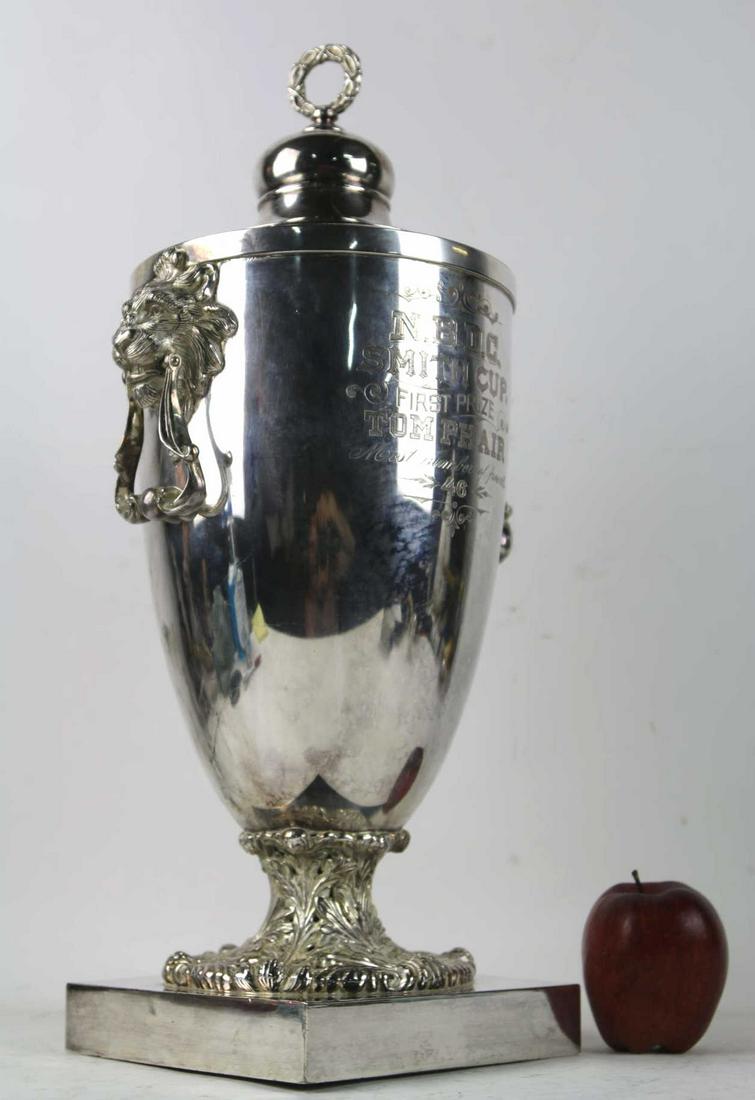 FINE 20" SILVERPLATE ANTIQUE TROPHY URN: FINE 20" SILVERPLATE ANTIQUE TROPHY URN Condition GOOD H 10 W 10 D 8 IN