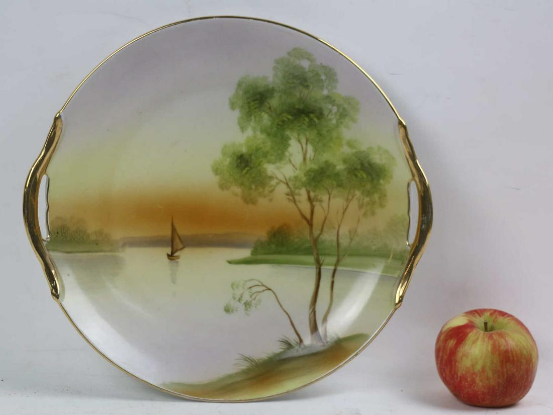 NIPPON HAND PAINTED JAPANESE TWIN HANDLE CHARGER: NIPPON HAND PAINTED JAPANESE TWIN HANDLE CHARGER Condition GOOD W 10 IN