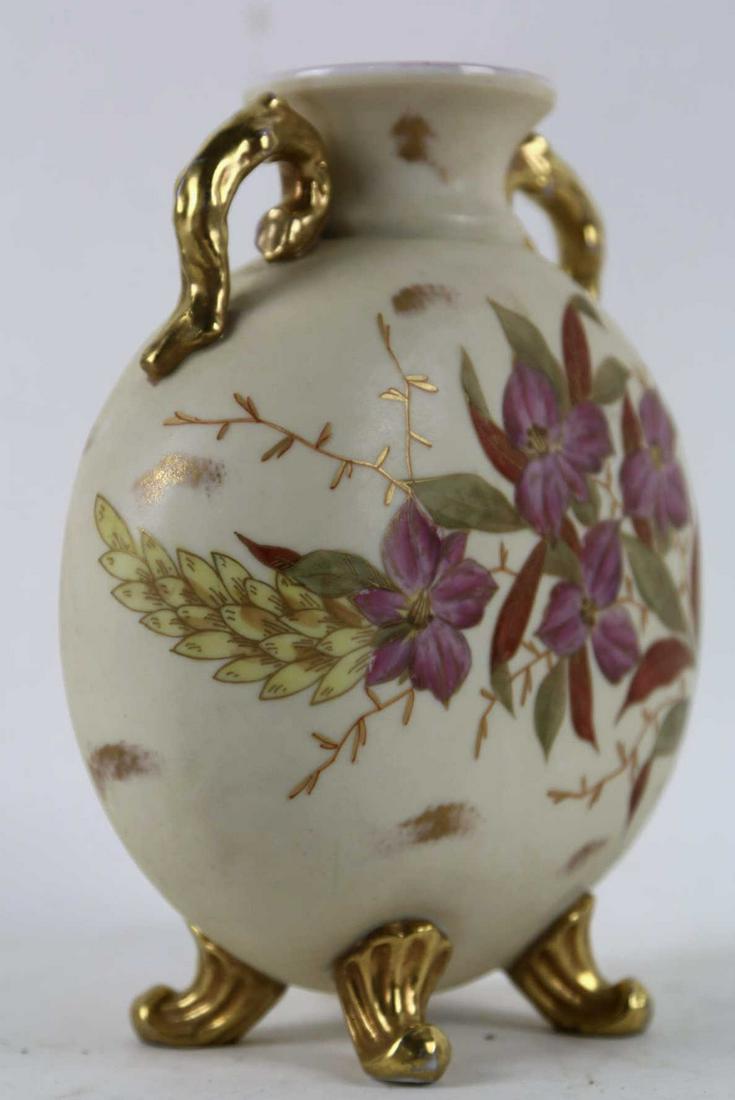 NIPPON STYLE TWIN HANDLED FOOTED ANTIQUE VASE: BAVARIAN PORCELAIN HAND PAINTED GAME BIRD PLATES Condition GOOD H 8 W 6.5 IN