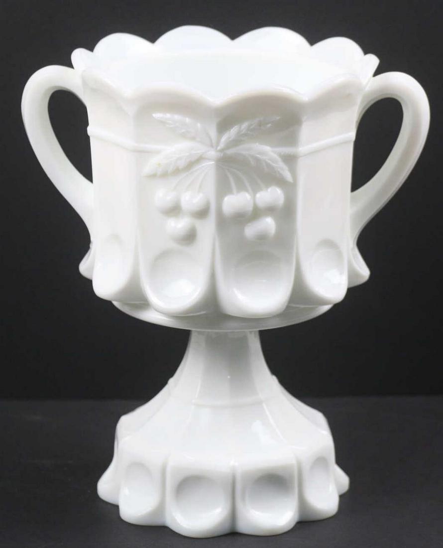 FINE 10" ANTIQUE MILK GLASS TWIN HANDLE COMPOTE: FINE 10" ANTIQUE MILK GLASS TWIN HANDLE COMPOTE Condition GOOD