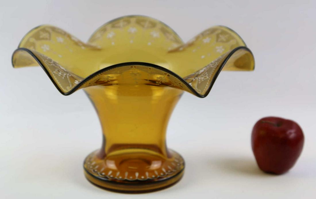 CZECH SOLVAKIAN HAND PAINTED RUFFLED GLASS BOWL: CZECH SOLVAKIAN HAND PAINTED RUFFLED AMBER GLASS RAISED BOWL Condition GOOD H 7 W 12 IN
