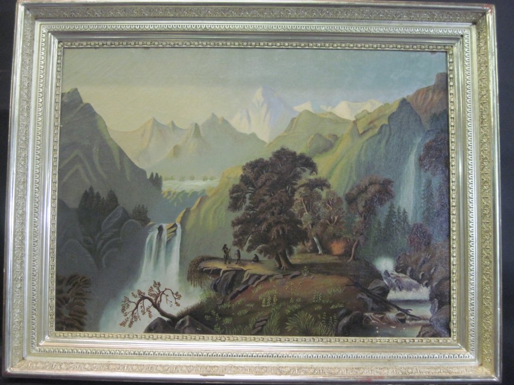 O/C AFT JOHN MIX STANLEY MOUNTAIN LANDSCAPE W/INDIANS:: Label on verso painted by grandmother Hooker after Indian Breakfast, with Mount Hood in the distance, after a painting titled "The Last of the Race" by John Mix Stanley (1814-1872), unsigned, oil on c