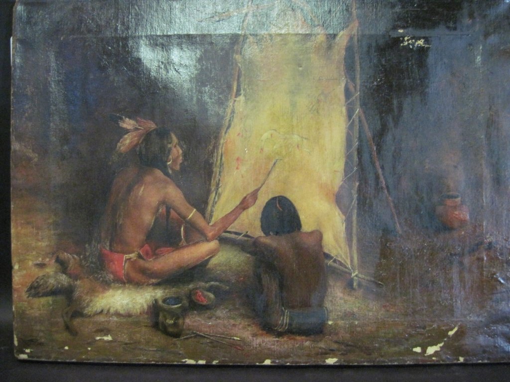 19TH CENT O/C OF INDIANS PAINTING ON COYOTE HIDE:: A very nicely executed 19th century oil on canvas of an indian painting a horse on a stretched out coyote hide. The dimensions are 15"H X 21"W.
