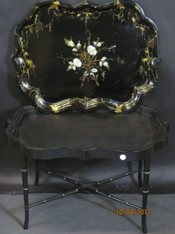 19TH CENTURY TOLE TRAY COFFEE TABLE:: An exceptional 19th century tole tray with mother of pearl application on a custom faux bamboo base. 20"H X 32.5" X 25".