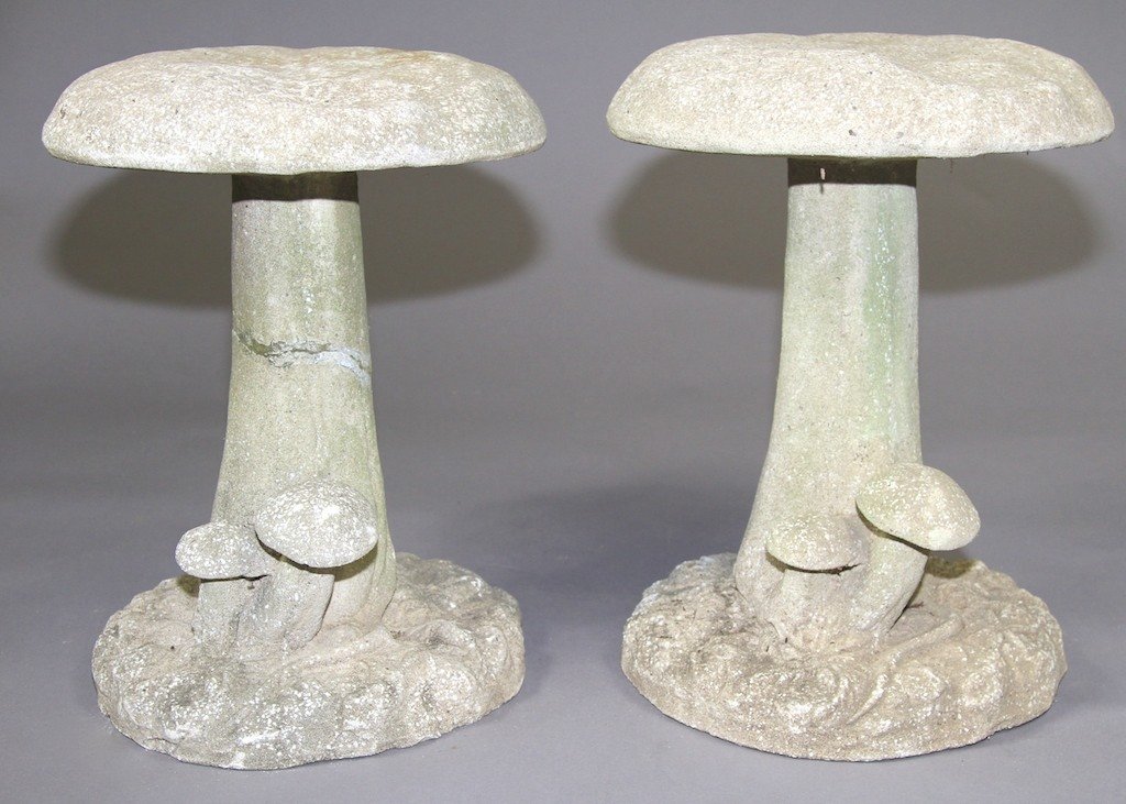PAIR OF CAST STONE MUSHROOM GARDEN STOOLS:: 19"H X 14" in diameter.