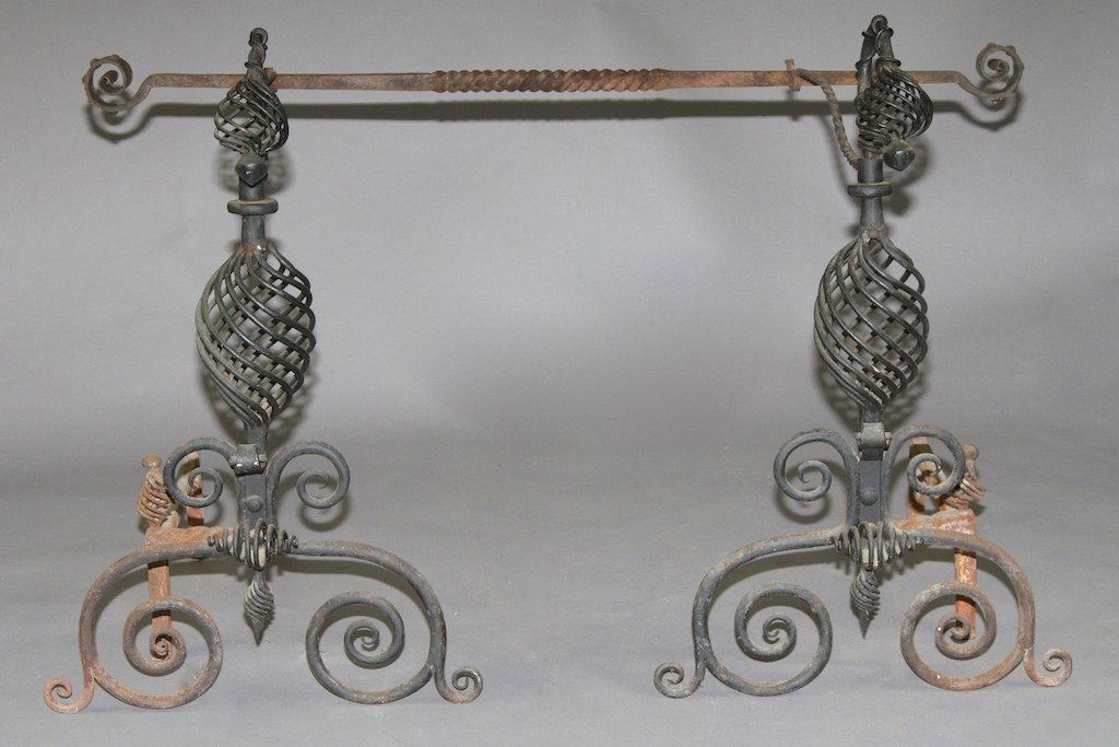 VERY FINE EARLY ANDIRONS WITH HANGER BAR: 35"H X 26"D X 21"W. Bar measures 47.5"