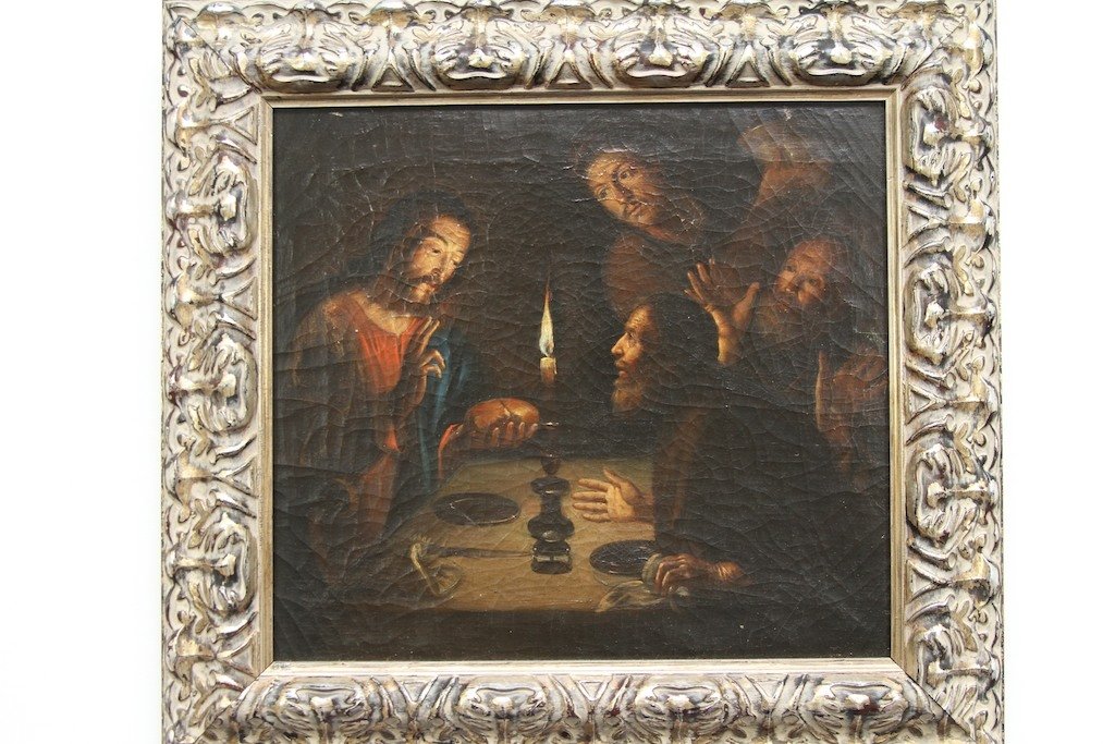 EARLY OLD MASTER PAINTING OF CHRIST / DISCIPLES:: The period of this portrait is late 18th/Early 19th Century, old master. Oil on canvas depicting Christ breaking bread at a table with expressive disciples executed with chiaroscuro technique. Unsigne