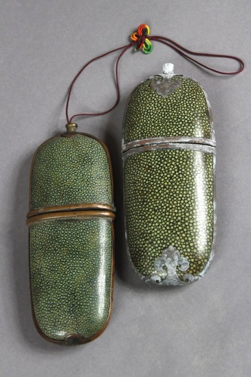 TWO SHAGREEN CASES:: One with butterfly decoration. Each 7"