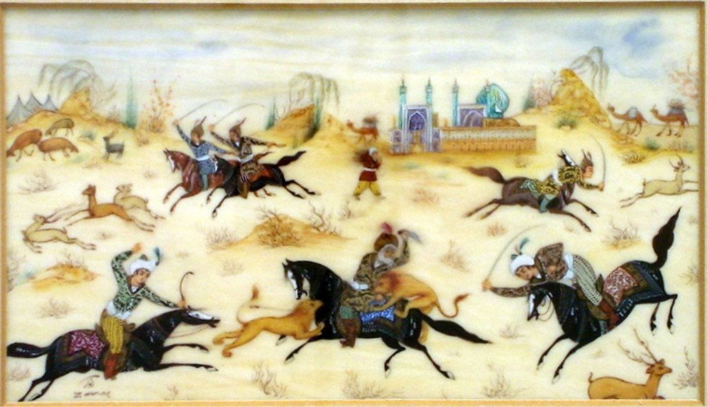PERSIAN HUNTING SCENE ON IVORY: Framed, hand painted on ivory. Rare. 7"H X 10"W