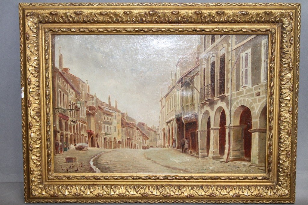 LEON BALLIN (FRENCH, 19TH/20TH C.):: Oil on canvas painting depicting figures in a European street scene. Signed and dated lower left, L. Ballin 05. 10.75"H X 16.25"W, sight.