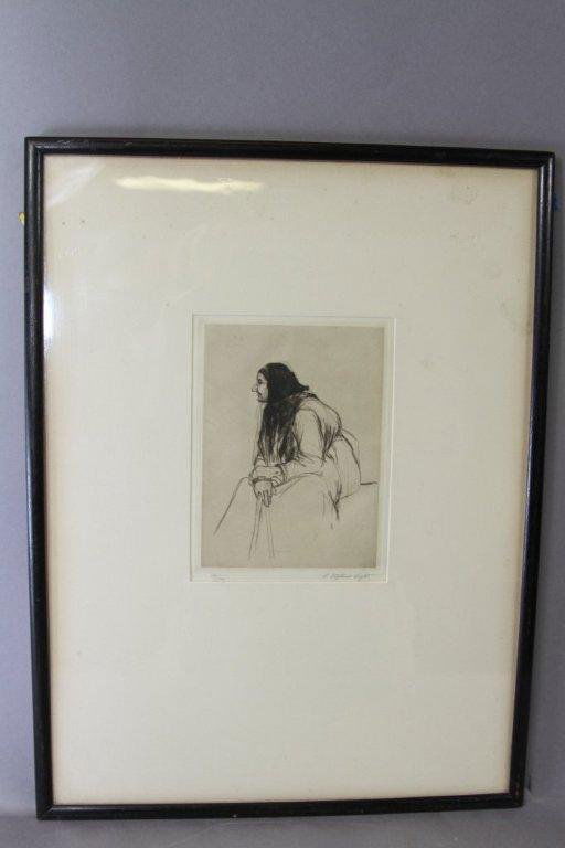 REDMOND STEPHENS WRIGHT (AMERICAN, B. 1903): Original etching of a seated old woman with cane. Titled "Le Chale Noir". Pencil signed lower right, R. Stephens Wright. Numbered in pencil lower left, 14/100. 7.5"H X 6"W, sight.