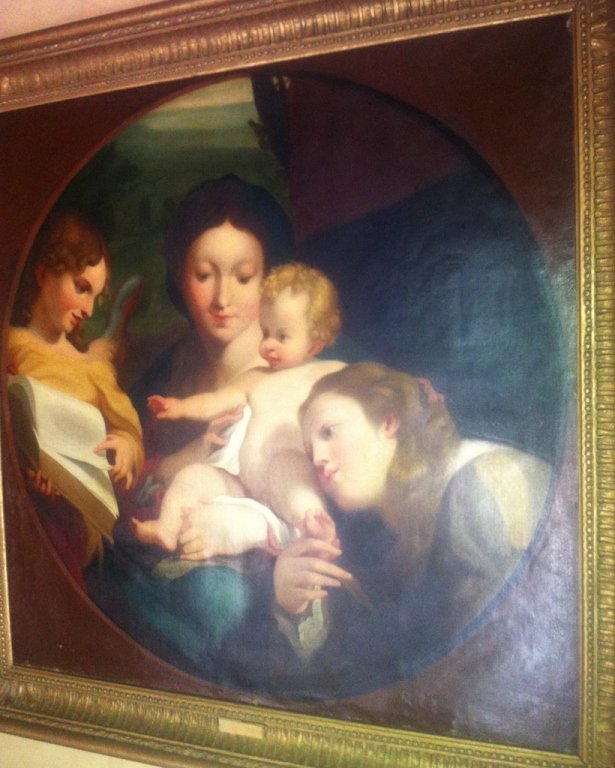 19TH CENTURY O/C PAINTING OF MADONNA AND CHILD: 31.5"H X 31.5"W.