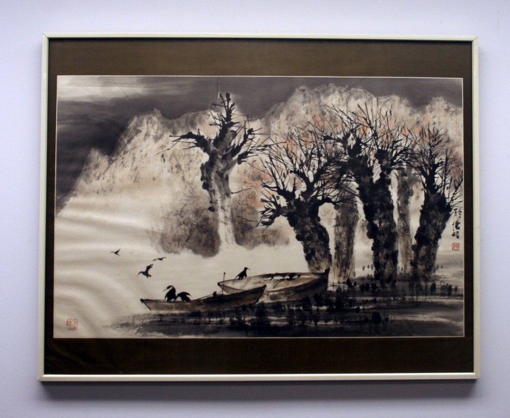 HO HUAI-SHOUH "FLYING DUCKS ON COLD RIVER" ORG:: Ho Huai-Shouh "Flying Ducks On Cold River" 1973. 27.25" x 42.5". 1973 A well known contemporary listed Taiwan artist. This painting hung in the Radcliffe club in Chicago in 1973. Appears original with