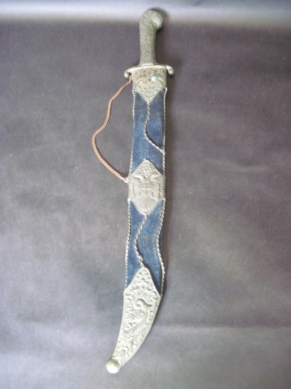 EARLY RUSSIAN OR PRUSSIAN HANGAR WITH SCABBARD:: Early sword and scabbard from the Estate of Roy Talmo. Blade 16.5"L