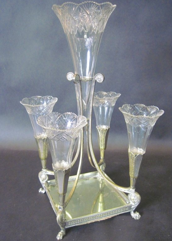 FOUR TRUMPET CUT GLASS & SILVERPLATE EPERGNE:: 16" X 9.5"