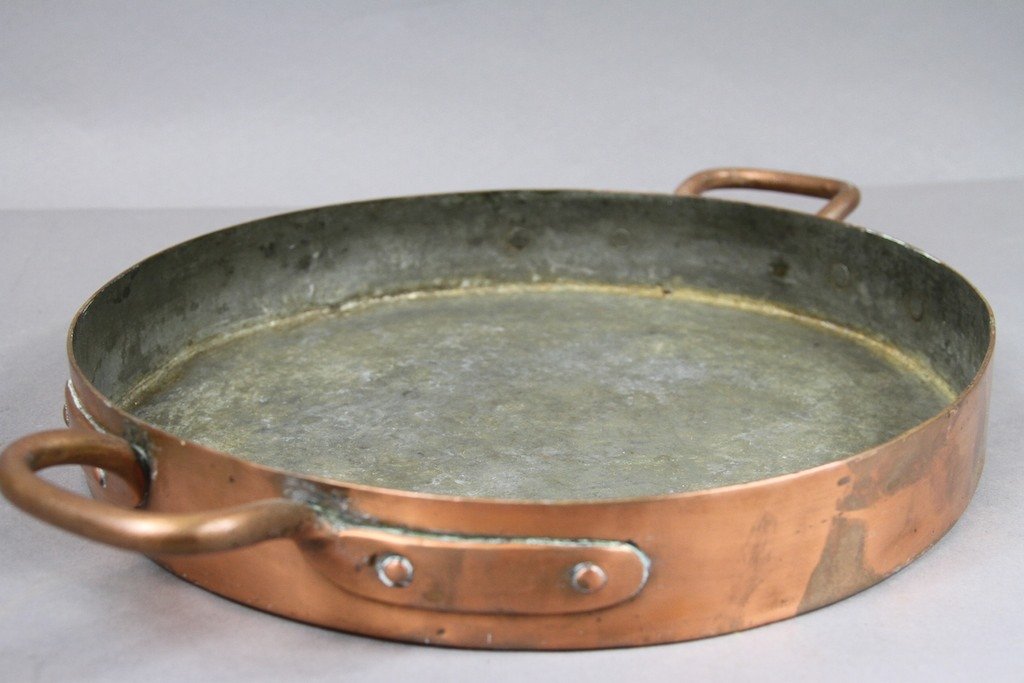 EARLY OVERSIZED FRENCH COPPER SAUTE PAN:: 2.5"H X 20"W
