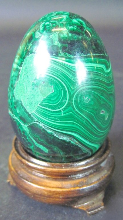 LARGE MALACHITE EGG ON STAND:: 3"H
