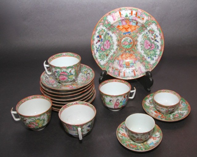 17 PIECES OF ROSE MEDALLION DINNERWARE:: 1 plate,6 cups, 2 saucers and 10 salad plates. Plate: 9.5" in diameter. Salad Plate: 6.25" in diameter. Cup: 3"H X 3.5" in diameter.
