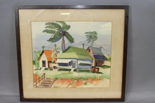 J.W. LONGFELLOW (20TH CENTURY):: Watercolor painting depicting Caribbean style cottages in a mountainous landscape. Signed lower right, J.W. Longfellow, and dated '50'. 13"H X 15"W, sight.