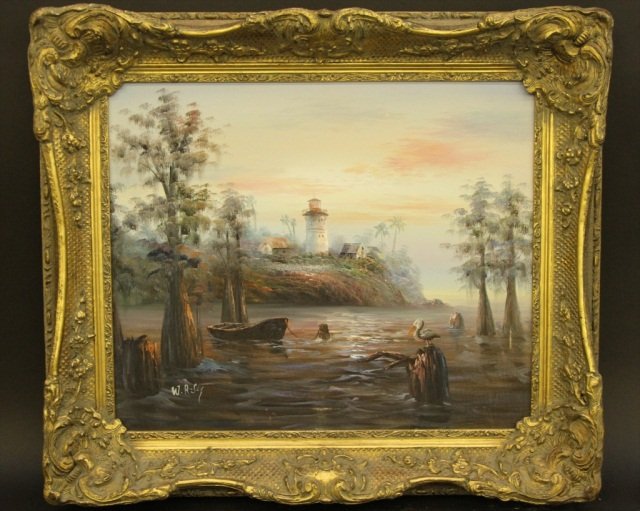 W. RILEY-OIL ON CANVAS NAUTICAL LANDSCAPE: Sight: 20"H X 24"W.
