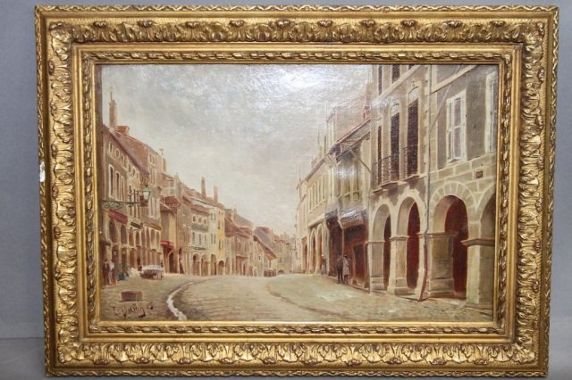 LEON BALLIN (FRENCH, 19TH/20TH C.):: Oil on canvas painting depicting figures in a European street scene. Signed and dated lower left, L. Ballin 05. 10.75"H X 16.25"W, sight.