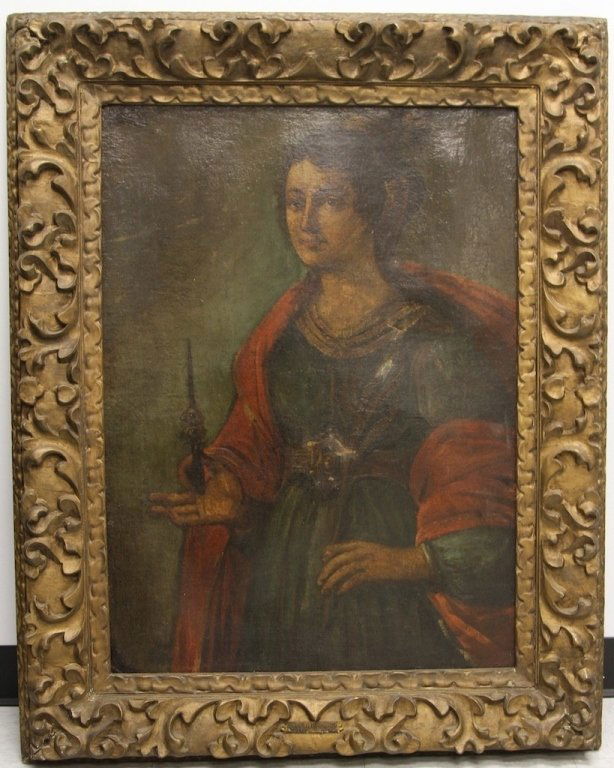 AGNOLO BRONZINO (ITALY, 1503-1572): 16th century. Oil on canvas portrait of a woman holding a religious object with two cab icon. PASSED IN FEBRUARY AND BEING REOFFERED FOR A FINAL TIME 32"H X 23"W, sight.