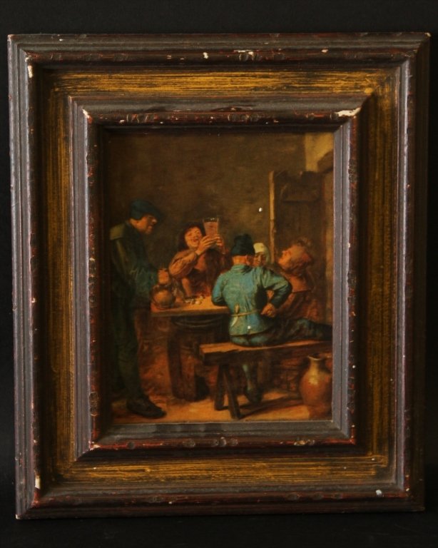 BROUWER OIL ON BOARD: The Tap Room. Framed. 8.5"Hx6.5"W image. 14.25"Hx12"W frame.