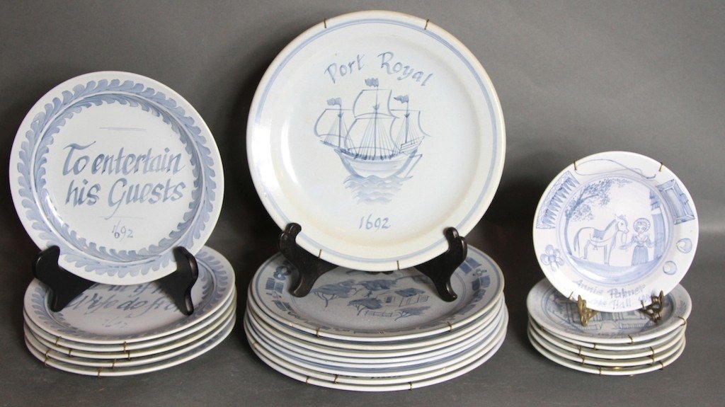 JAMAICAN HAND PAINTED POTTERY: 9 Dinner plates: 10" in diameter. 6 Salad plates: 8.5 " in diameter. 6 Dessert plates: 6.25" in diameter.