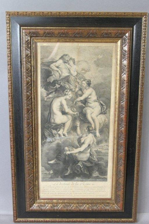 18TH CENTURY ENGRAVING AFTER PETER PAUL RUBENS: La Destinée de la Reine. Print made by Louis de Châtillon. Published by Gaspard Duchange. Intermediary draughtsman Jean Baptiste Nattier. Depicting: The Destiny of Marie de' Medici; the three Fates