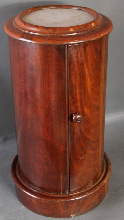 CYLINDRICAL MARBLE TOP MAHOGANY STAND: 28.5"H X 15" in diameter