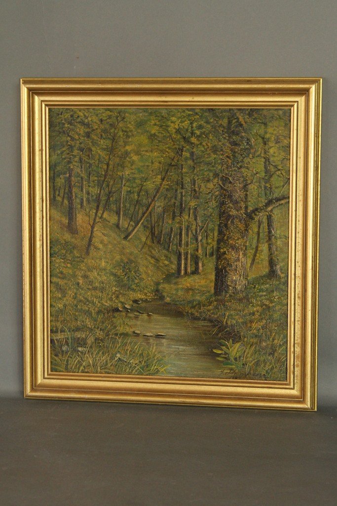 LANDSCAPE O/B OF WOODS W/CREEK SIGNED J. THOMPSON:: Signed J. Thompson 1849. Sight: 19"H X 17.5"W Frame: 22.5"H X 20.75"W