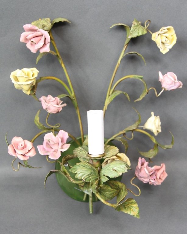 PAIR OF TOLE ROSE FLORAL SCONCES:: 13"H X 12"W X 7.5"D