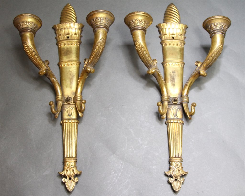 FINE PAIR OF BRONZE EMPIRE CANDLE SCONCES:: 17.5"H X 8.5"W X 4.75"D