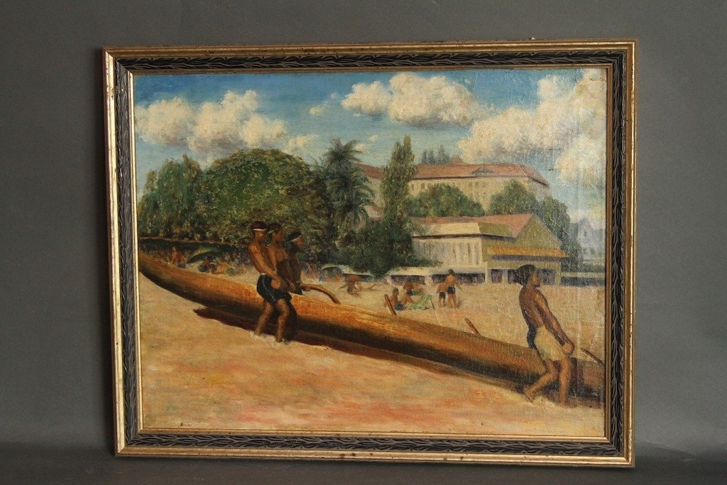 J.D. STRONG POLYNESIAN BEACH SCENE OIL ON BOARD:: Sight: 17"H X 22"W Frame: 19.25"H X 24.25"W