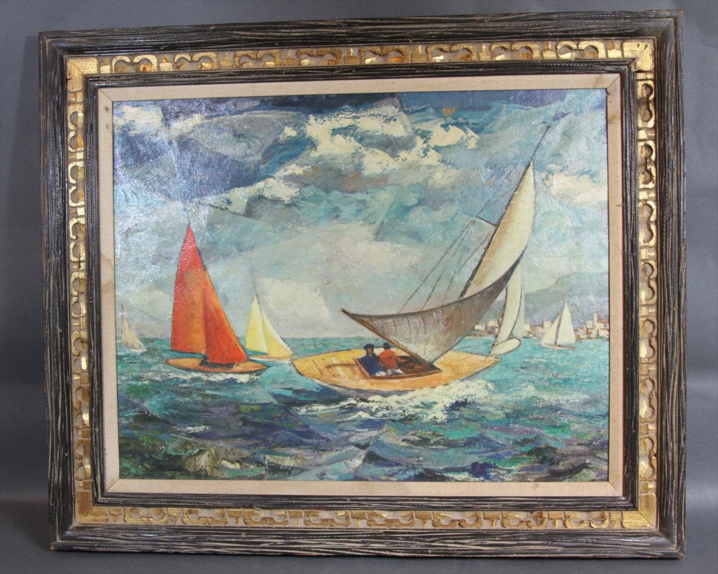 BERNARD SANJUAN CONTEMPORARY SPANISH:: "SAILING OFF COSTA BRAVA" Sight: 27.5"H X 21.5"W Frame: 29.5"H X 35.5"W