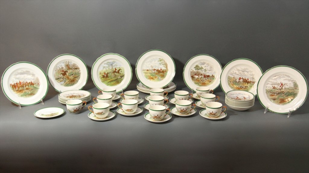 SPODE "HUNT SCENE" 53 PC DINNER SERVICE: Six dinner plates plates with different scenes and 5 plates with the same scene.10.5" in diameter 6 salad plates 13 saucers: 5.5" in diameter 14 cups: 2.5"H X 3.5" in diameter 8 soup bowl: 6.5" in dia