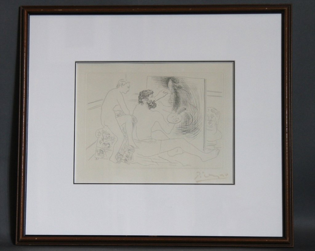 PABLO RUIZ PICASSO (1881-1973) LITHOGRAPH:: Sight: 10"H X 12.5"W Frame: 19.25"H X 21.75"W Painter working ..Observed by a nude model. 1927 etching 7 1/2 x 103/4 (plate size). Signed lower right. No edition #s, From "Le Chef d'Oeuvre Inconnu" by