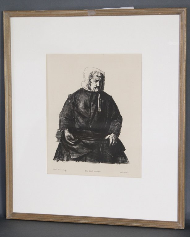 GEORGE WESLEY BELLOWS(1882-1925)"OLD IRISH WOMAN":: Appraisal info... We will include a copy from the estate: c. 1923-24. Lithograph, Edition 67. Signed lower right, titled bottom center. Bolton Brown Imp. lower left. Bellows Cat. #190, Mason Cat. #156