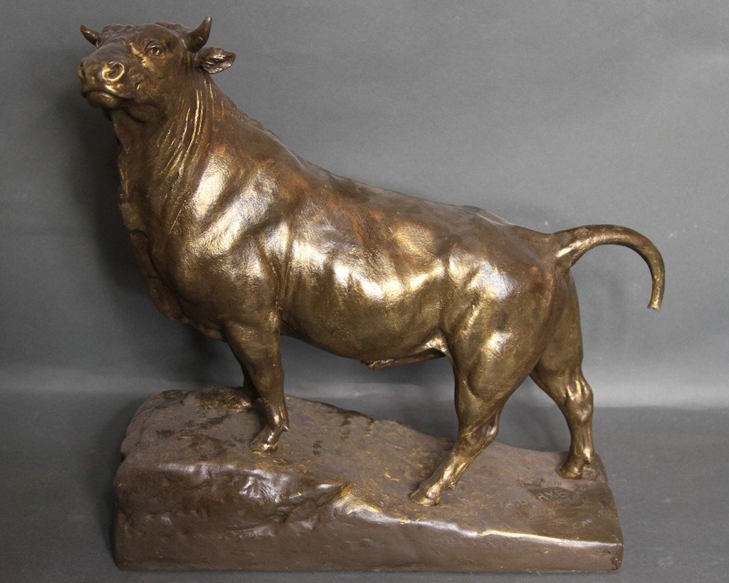 COPPER BULL SCULPTURE SIGNED BY A. BARYE:: 16.5"H X 15"W X 5.25"D. Copper plaster filled bull sculpture.