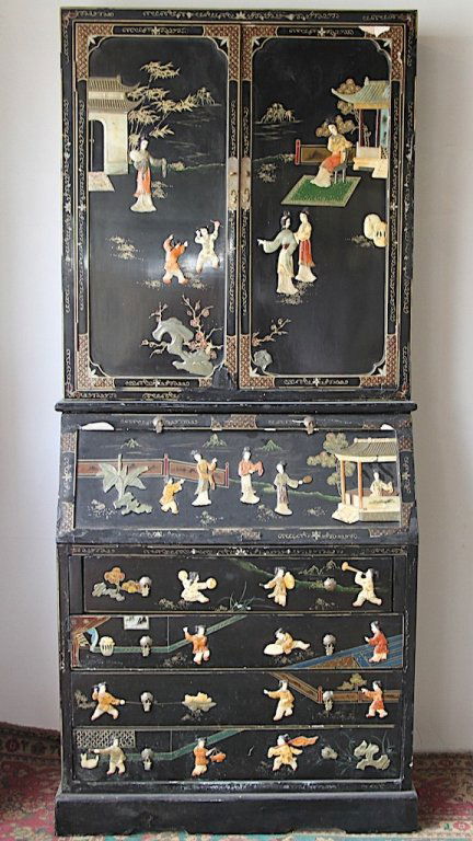 19TH C. CHINESE HARDSTONE S/F BUREAU SECRETARY:: A fine example of a late 19th century Chinese hard stone closed slant front bureau secretaire bookcase. 83"H X 35"W X 19"D