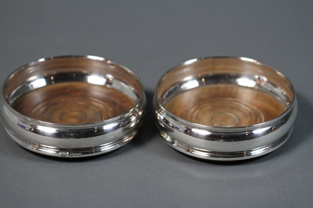 STERLING WINE COASTERS ENGLISH HALLMARKED:: 1.5"H X 4.25"D