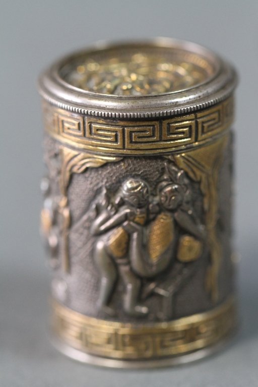 CHINESE EROTICA GOLD & STERLING PUZZLE BOX:: 1.75"H X 1.25" in diameter
