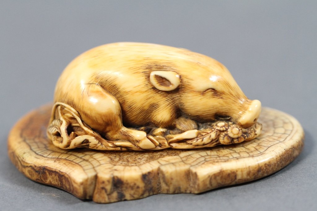 CHINESE / JAPANESE NETSUKE ON IVORY PLINTH:: Boar: .75"H X 2.25"W X 1.25"D with plinth: 1"H X 3"W X 2.25"D