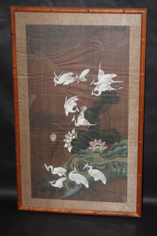 CHINESE FRAMED NEEDLEPOINT ON SILK TEXTILE:: Sight: 35.5"H X 19.25"W Frame: 42"H X 25.5"W