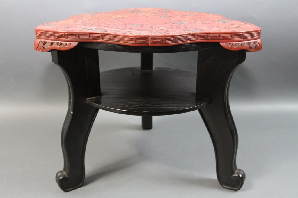 CHINESE ANTIQUE CINNABAR STOOL:: 14.5"H X 17.5"W
