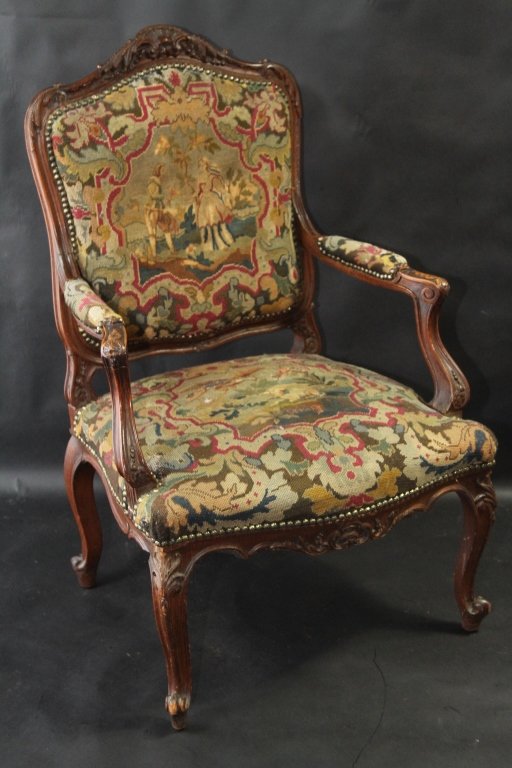 ANTIQUE NEEDLEPOINT FRENCH ARMCHAIR:: 40"H X 25"W X 26"D