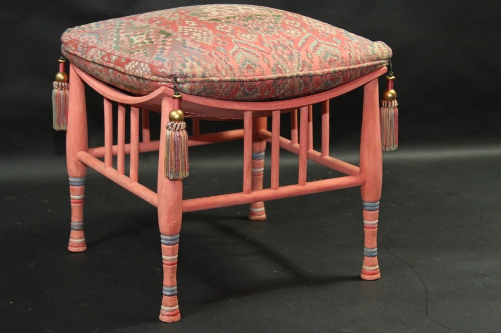 ANTIQUE PINK PAINT DECORATED FOOTSTOOL:: 16"H X 18"W X 18"D