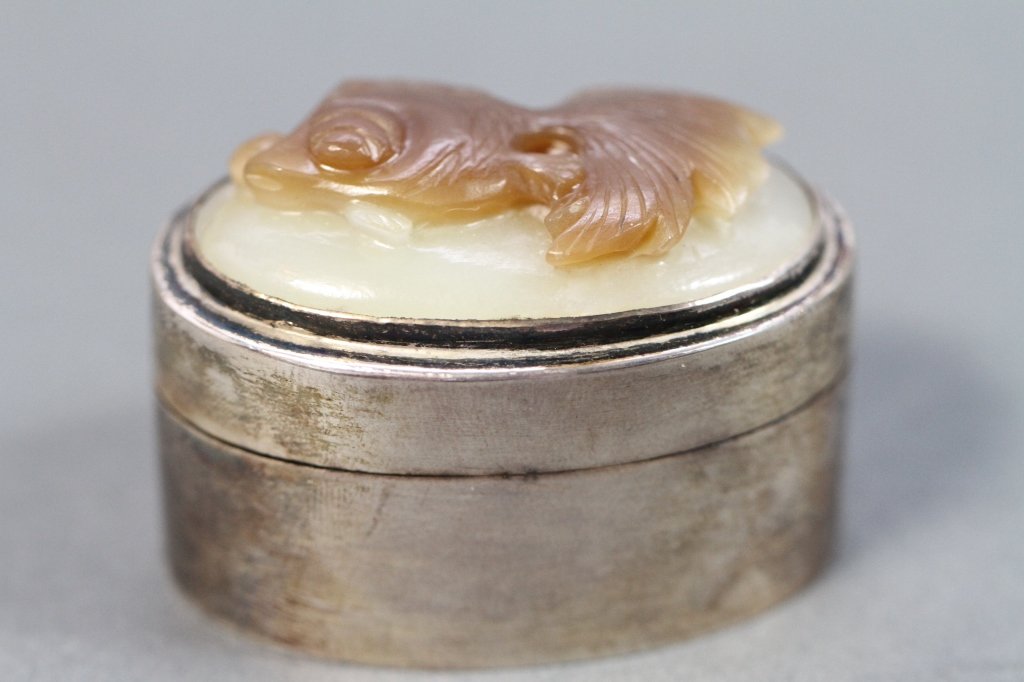 CHINESE JADE AND STERLING PILL BOX:: 1.5"H X 2"W X 1.75"D