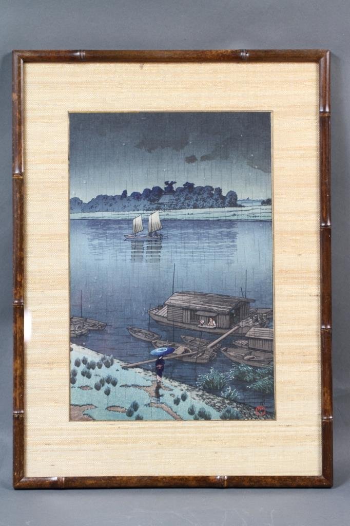 KAWASE HASUI (1883-1957) JAPANESE WOODBLOCK:: sight: 14"H X 9.125" W frame: 19.75"H X 14.5"W Kawase Hasui (1883-1957) Source: Carnegie Museum of Art website http://www.cmoa.org/exhibitions/archives04fall.asp#kawase Kawase Hasui is considered one 