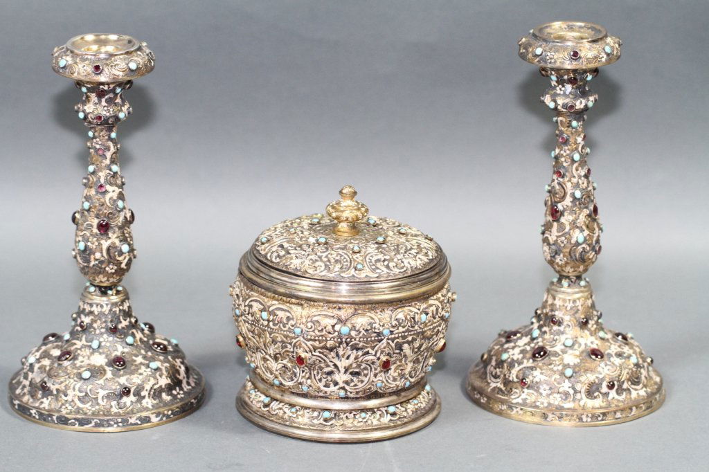 RUSSIAN ANTIQUE SILVER & JEWEL MOUNTED 3PC. SET:: RUSSIAN ANTIQUE SILVER & JEWEL MOUNTED 3PC. SET: